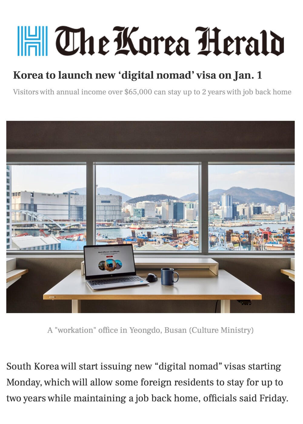 Korea Herald Artical New visas faster entries digital nomad korea worcation workcation